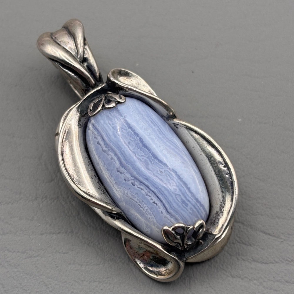 Vintage Carolyn Pollack Relios Sterling Blue Lace Agate Pendant 2" - 30 grams